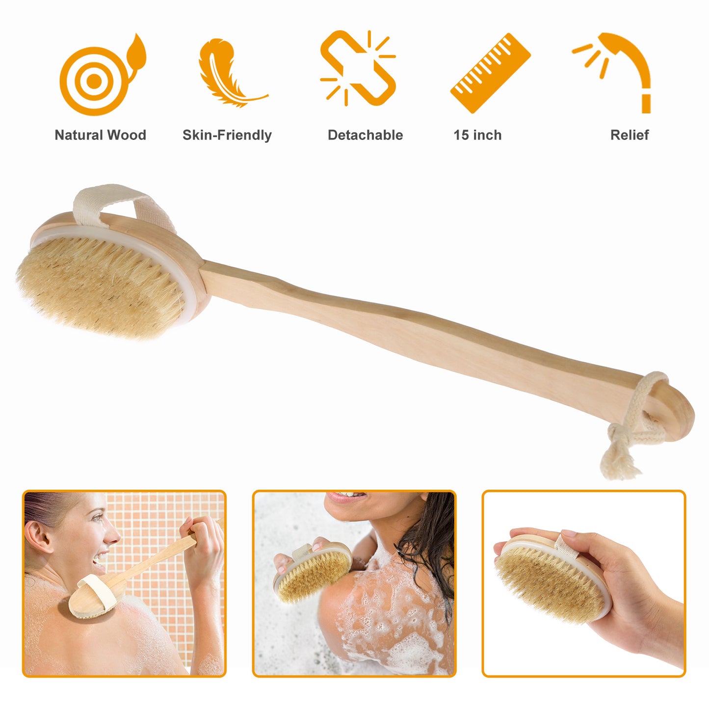 1Pc Long Handle Bath Brush – Shower Body & Back Scrubber for Exfoliation, Cellulite & Detox