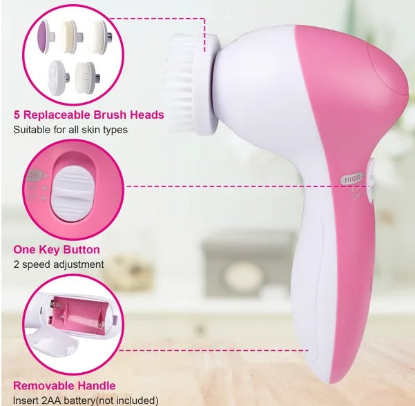 Waterproof Facial Cleansing Brush – Spin Face Cleaner with 5 Interchangeable Brush Heads